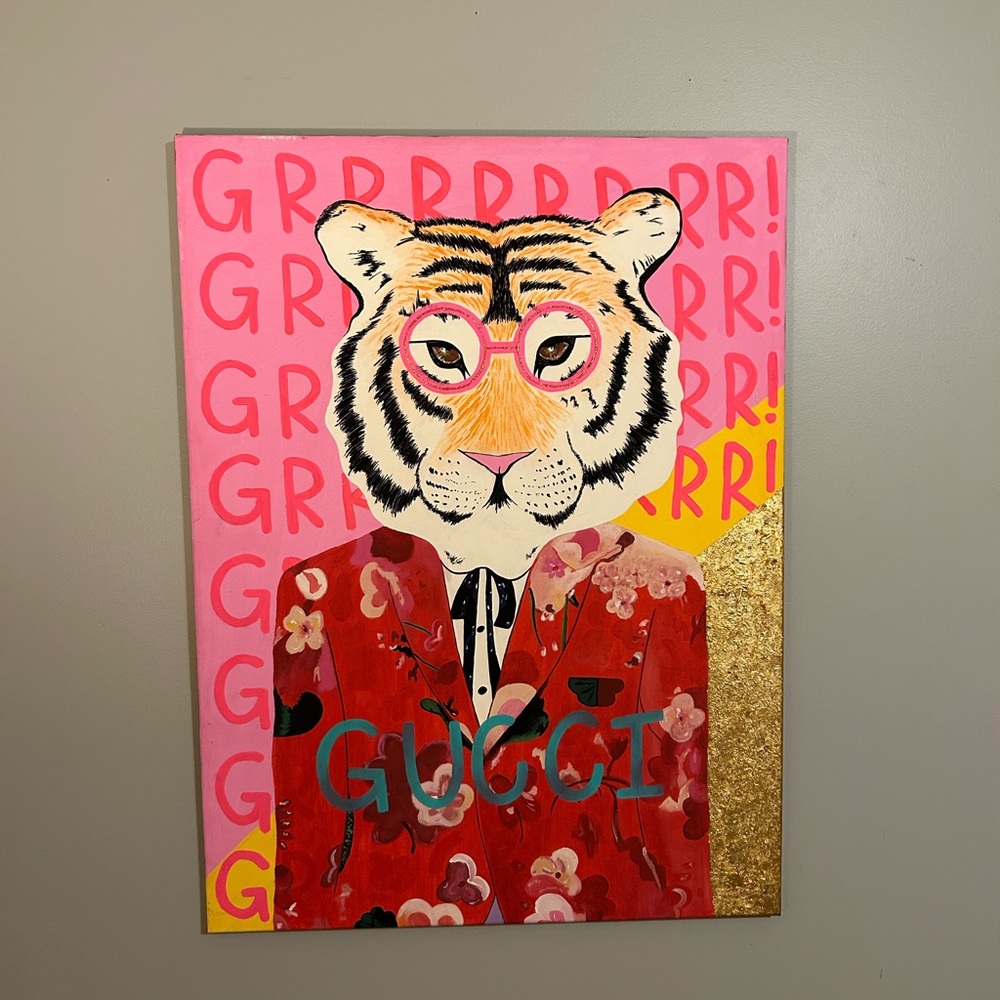 Gucci Tiger in Red and Gold Floral Art